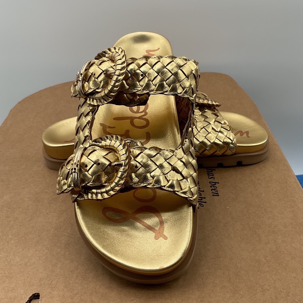 Sam Edelman Adaley Metallic Gold Woven Leather Buckle Slide Sandals Womens 5.5